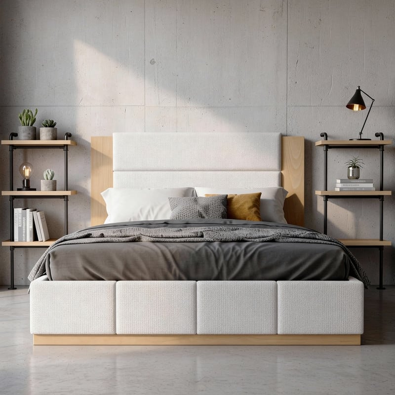 Upholstered Bed Low Profile Platform Bed Modern Wood Base Grounded Bed with Extended Wood Headboard and Upholstered Wingback