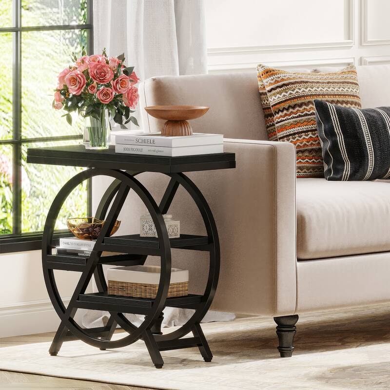 Narrow End Table, Side Table with Storage and Geometric Metal Frame