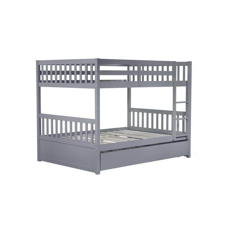 Full Over Full Rubber Wood Bunk Bed with Trundle, Ladder and Guardrails, Convertible to 2 Full Size Beds
