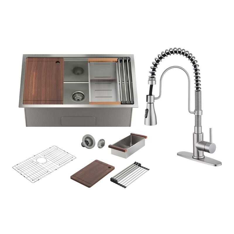 All-in-One Undermount Single Bowl 16 Gauge Nano Brushed Stainless Steel Workstation Kitchen Sink with Accessories and Faucet Set - 30 x 19 x 10 - Sink + Brushed Nickel Pull Down Kitchen Faucet