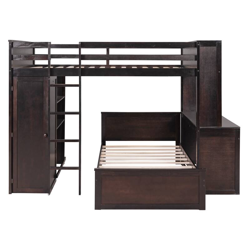 Space-Saving Full Size Loft Bed with Twin Bed, Shelves, Desk, and Wardrobe in Espresso