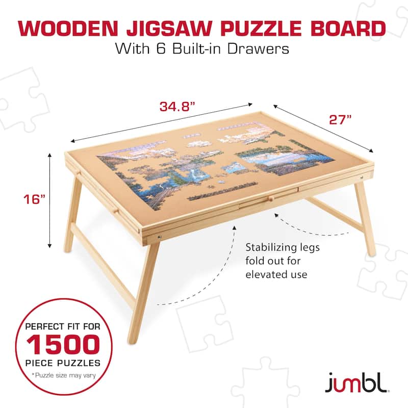 Jumbl Puzzle Board with Drawers, Foldable Legs & Cover - Wooden Jigsaw Puzzle Table - Brown