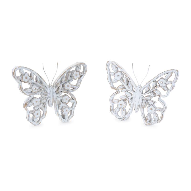 HomeRoots Set of Two White And Beige Polyresin Butterfly Tabletop Sculptures - 7.00 in. x 5.50 in. x 1.00 in.