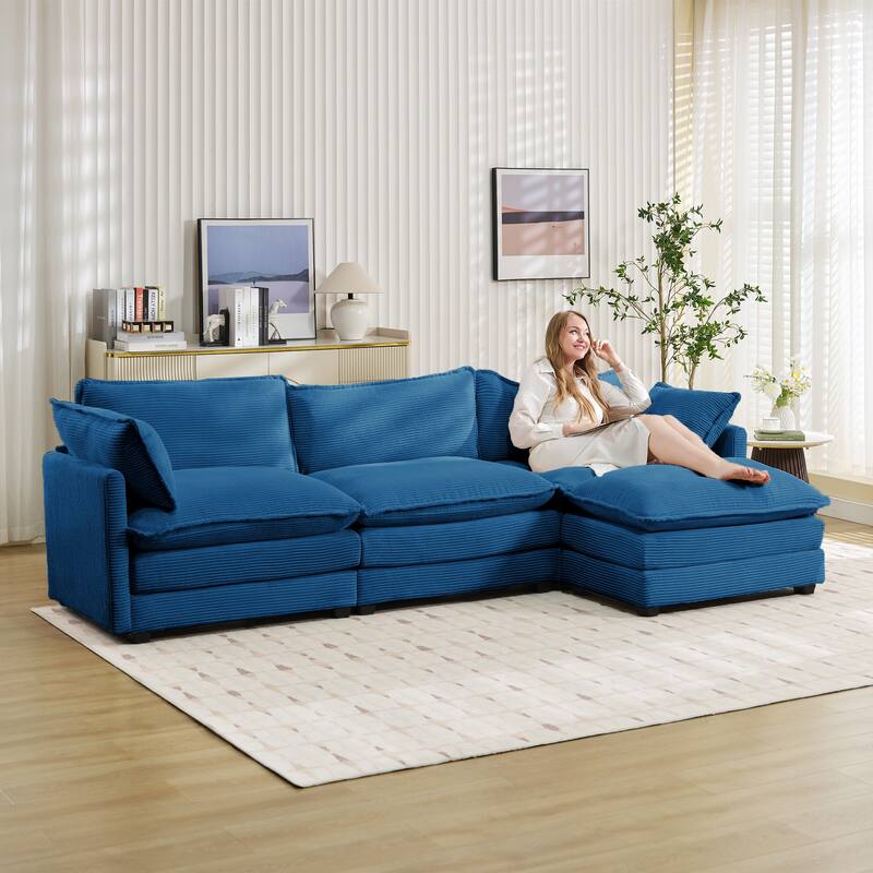 3-Seat Corduroy Modular Sofa with an Independent Removable Ottoman for Living Room or Business