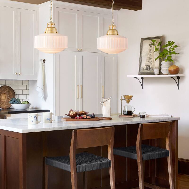 1-Light Mid-Century Modern Brass & White Ribbed Glass Pendant Light for Dining Room - 1 Light