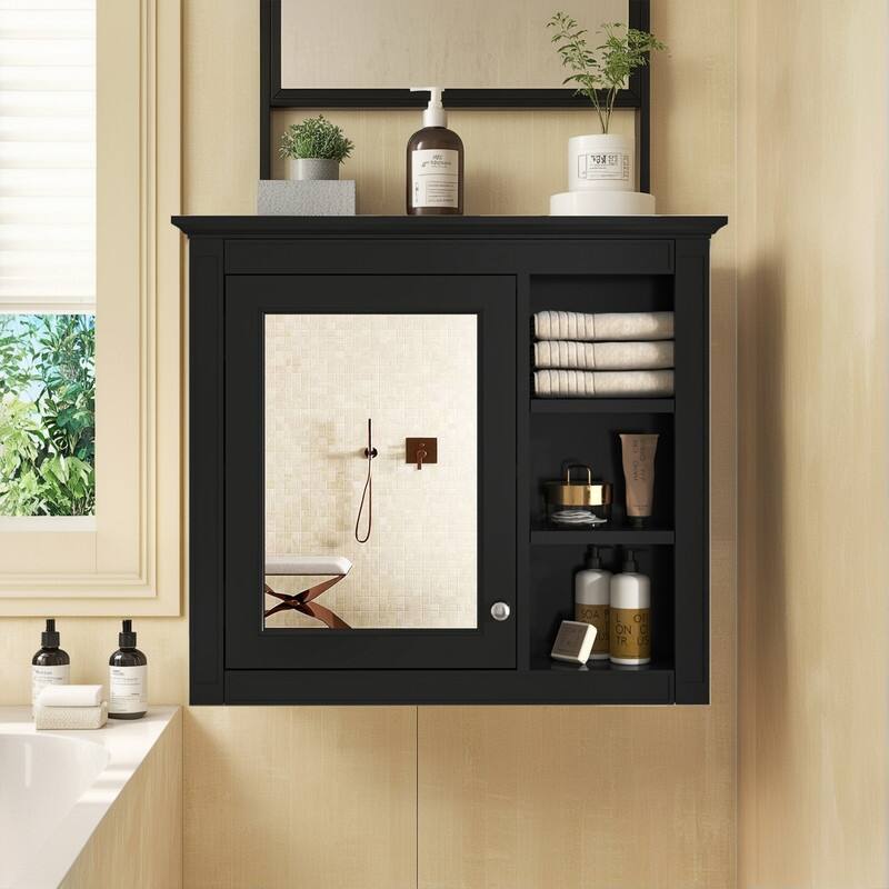 30" x 28" Wall-Mounted Medicine Cabinet, Modern Bathroom Mirror Storage Cabinet with 3 Open Shelves - Black