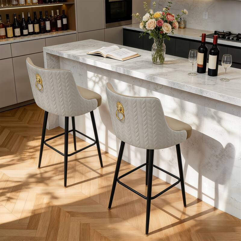 360 Swivel Upholstered Counter Height Bar Stools Kitchen Island Breakfast Chairs with Lion Head Pull Ring Footrest