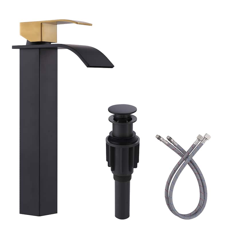 WOWOW Single Handle Single Hole Waterfall Bathroom Vessel Faucet - Gold and Black