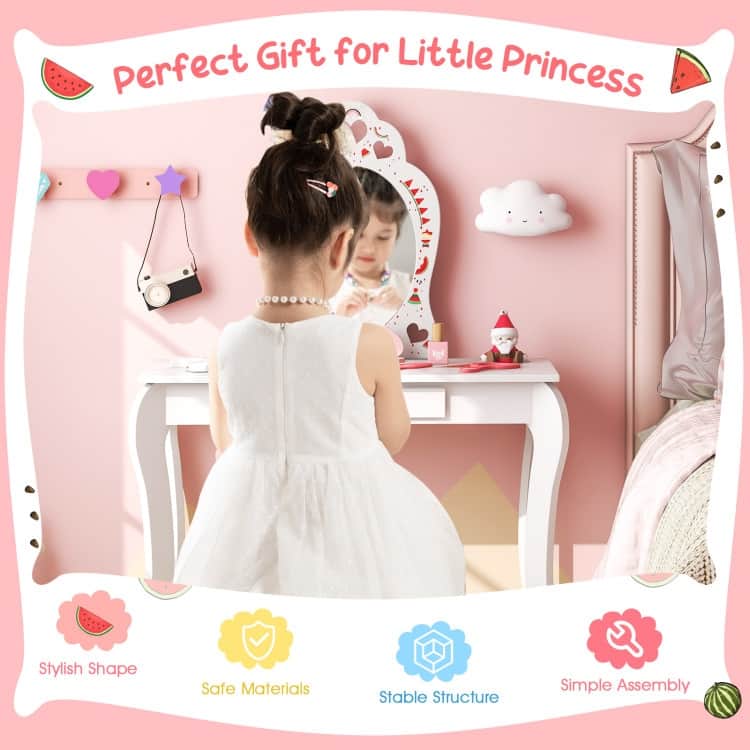 2 in 1 Children Pretend Makeup Vanity Set with Removable Mirror and Storage Drawer-White - 28.5"L x 14"W x 42"H