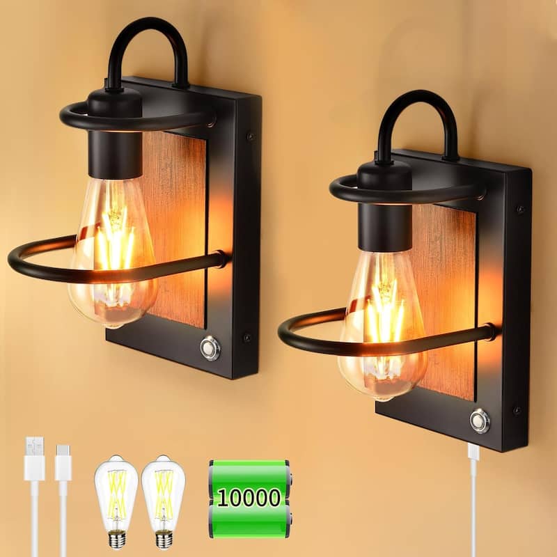 Set of 2 wall light black hallway light metal, faux wood bedroom light