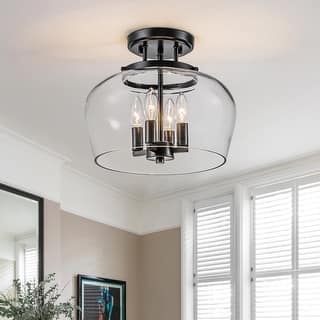 4-Light Farmhouse Black Lantern Glass Semi Flush Mount