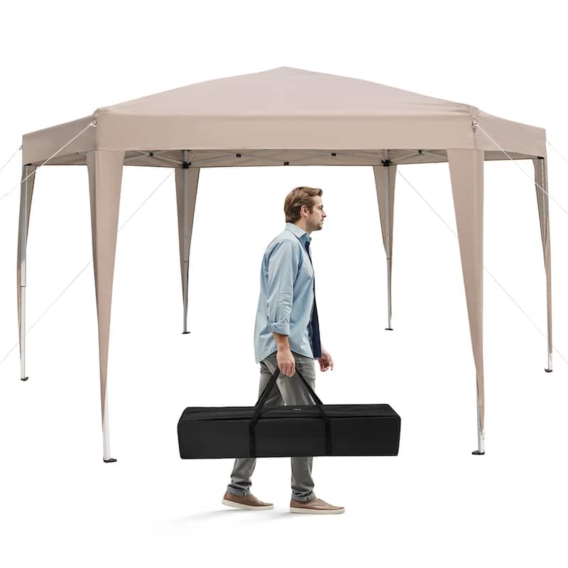 13 x 11.5 Ft Hexagonal Outdoor Event Canopy with Adjustable Height and Silver Coated Top Wind Ropes - 13' x 11.5' x 7.5'