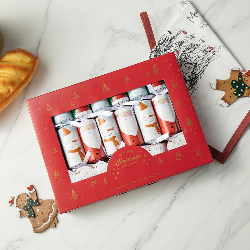 Glitzhome 8 Pack Christmas Santa Snowman Party Crackers Favor Supplies with Gift Contents for Kids
