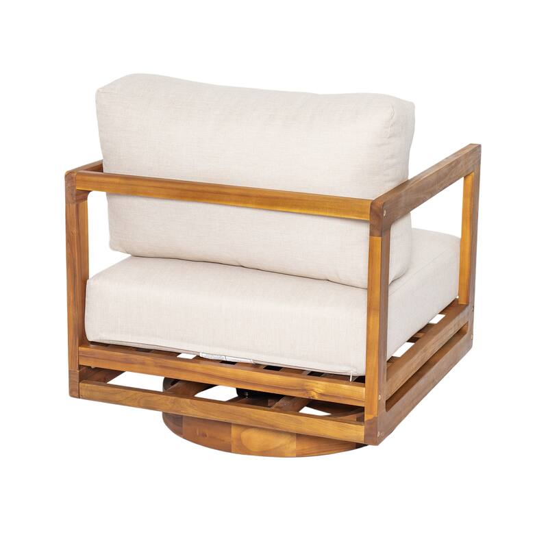 Roomfitters Tanah Outdoor Acacia Wood Swivel Lounge Chair with Cushions, Teak Finish and Beige