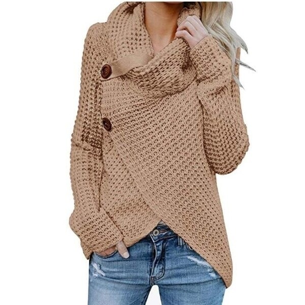Women's chunky turtle cowl neck asymmetric hem wrap sweater coat with button details discount