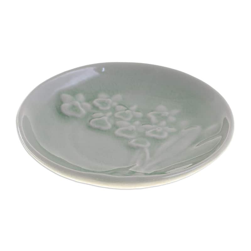 Novica Handmade Orchid Bouquet Celadon Ceramic Dessert Plate