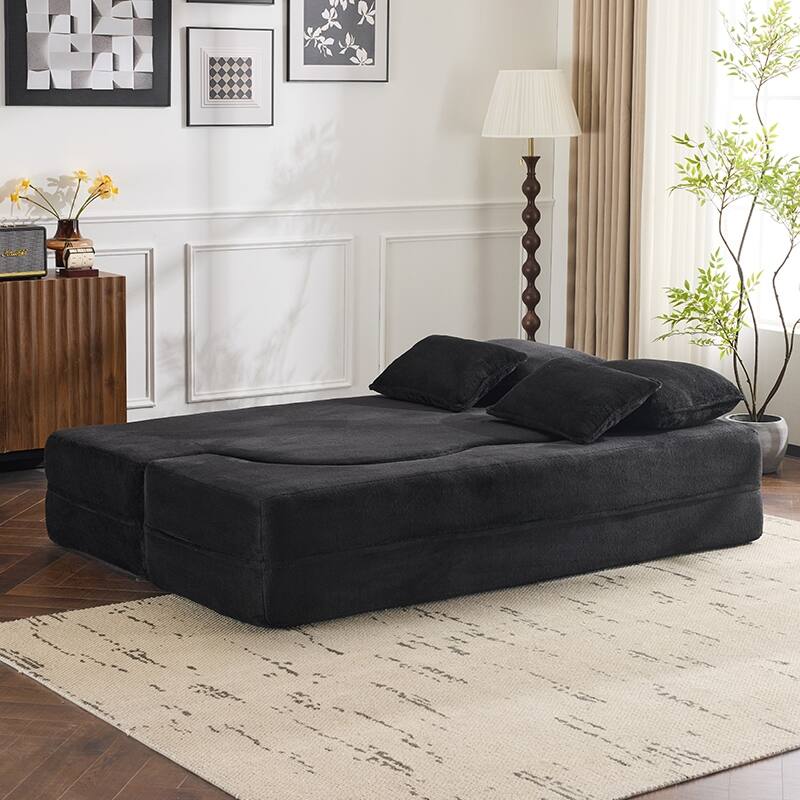 Queen Size Foldable Sofa Bed, Chenille Futon Sofa Couch, High-Density Foam Convertible Sleeper Sofa, Foldable Floor Couch Bed