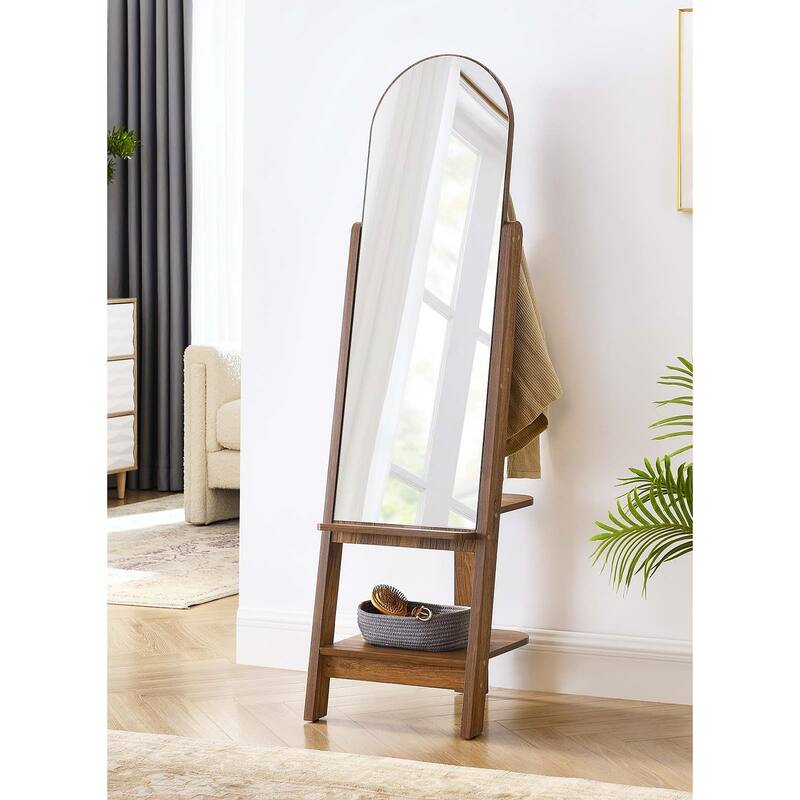 Lewis Modern Walnut Wooden Standing Arched Mirror with Shelf and Hooks