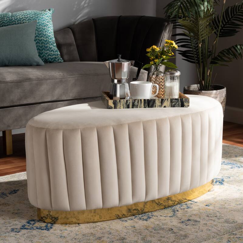 Kirana Glam and Luxe Velvet Fabric and Gold PU Leather Ottoman