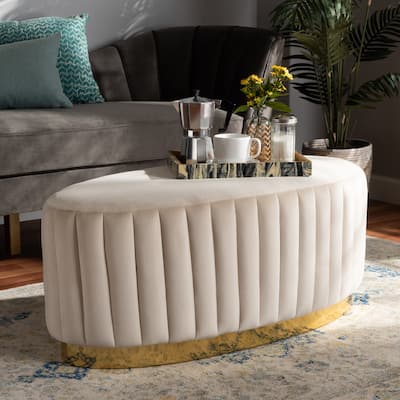 Kirana Glam and Luxe Velvet Fabric and Gold PU Leather Ottoman