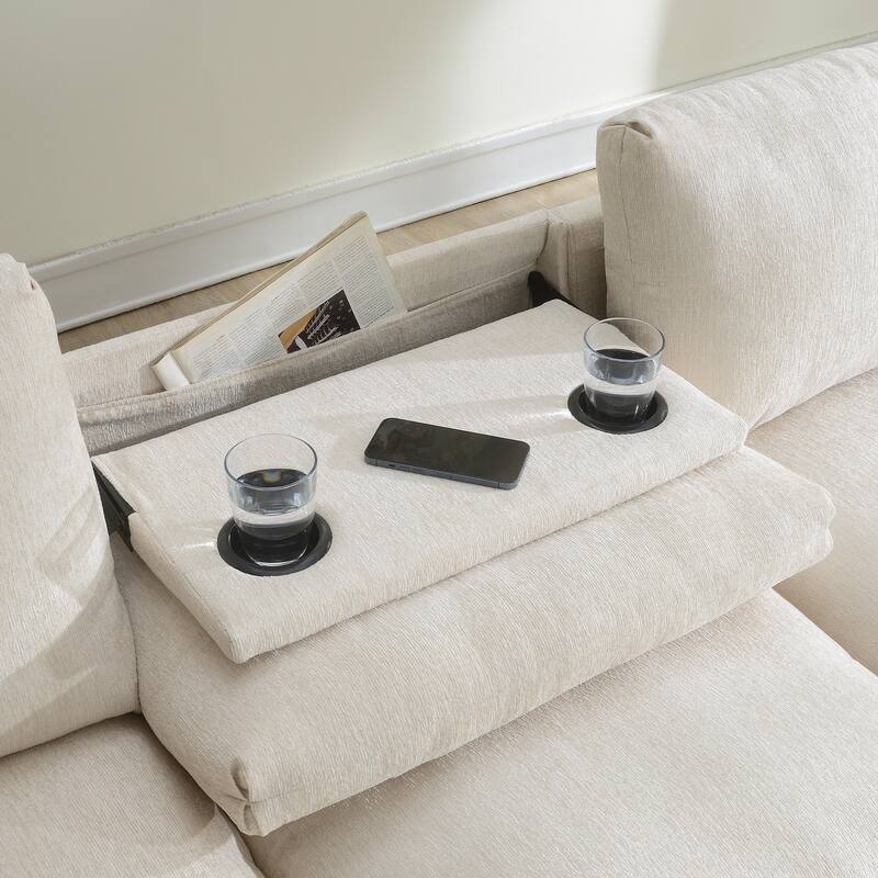 Chenille Sectional Sofa With Bluetooth Speaker,Cloud Couch Set With Drop Down Table,Cup Holders,Usb Charger,Storage Armrest