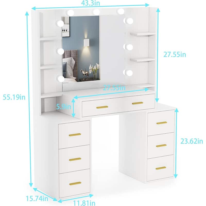 43'' Makeup Vanity with 3 Color Light, Charging Station, Storage Shelves, 7 Drawers