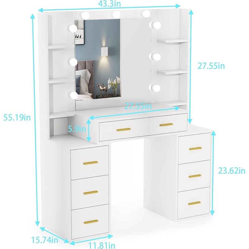 43'' Makeup Vanity with 3 Color Light, Charging Station, Storage