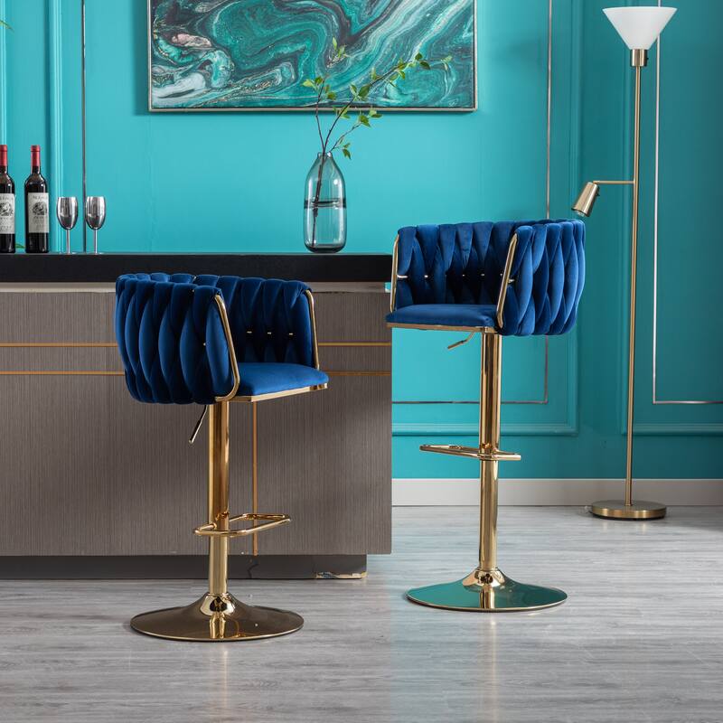 Set of 2 Bar Stools,with Chrome Footrest and Base Swivel Height Adjustable Mechanical Lifting Velvet+ Leg Simple Bar Stool - Navy