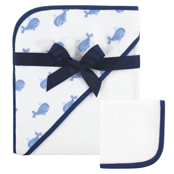 slide 1 of 1, Hudson Baby Infant Boy Cotton Hooded Towel and Washcloth 2pc Set, Whale, One Size - Whale - One Size One Size - Whale
