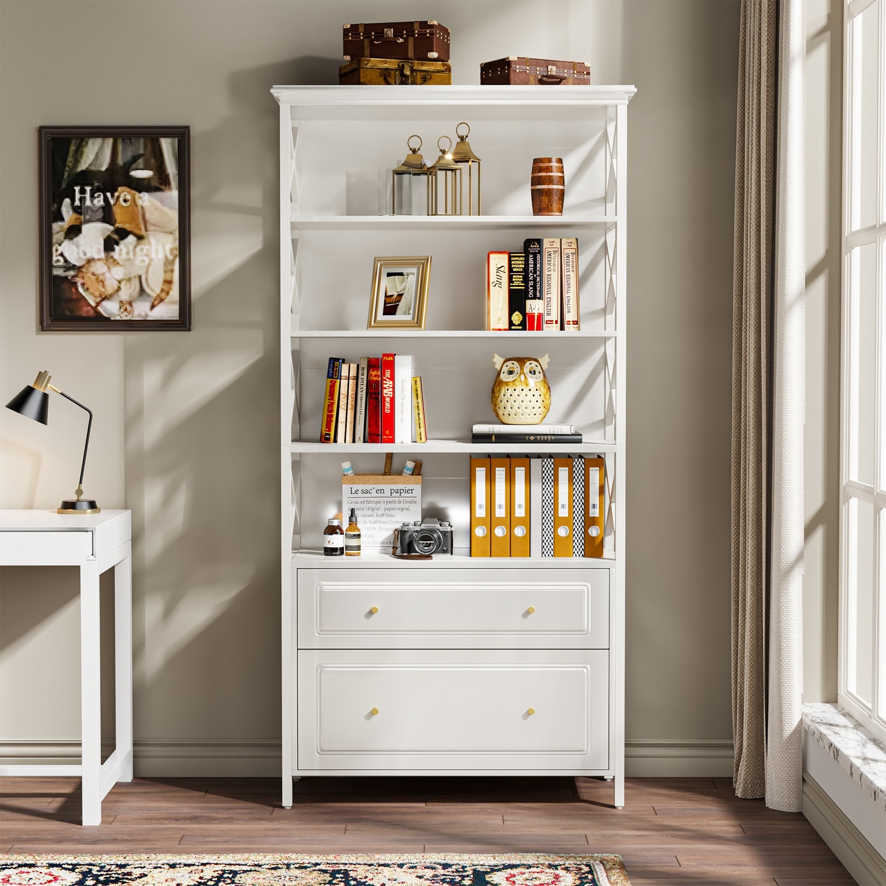 Tall Narrow Bookshelf with 2 Drawers 5 Tier Bookcase Book Shelf Organizer with Open Storage Shelves for Living Room Bedroom Black