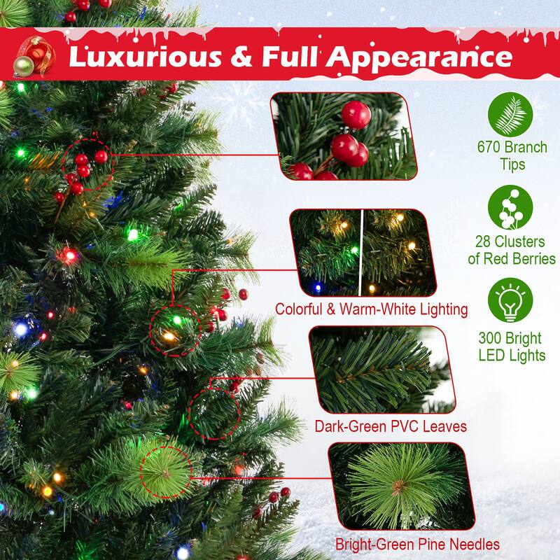 Gymax 6 FT Pre-Lit Artificial Christmas Tree w/ 670 Branch Tips & 300