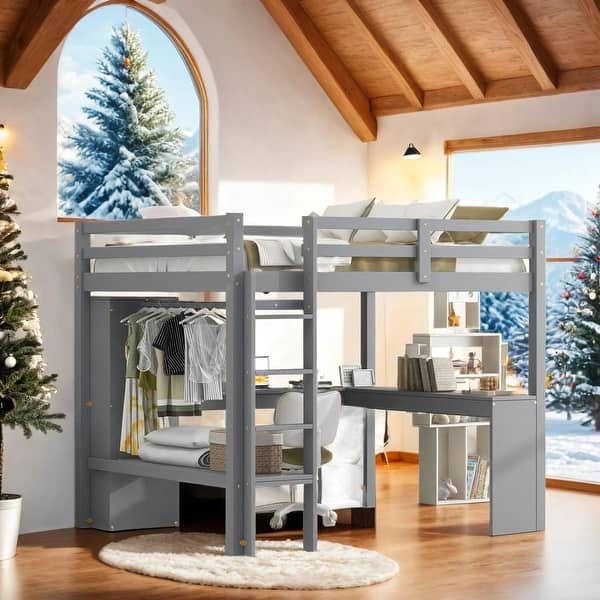 slide 2 of 10, Contemporary Design Full Size Loft Bed with L-shaped Desk, Wardrobe and Storage Shelves, Multi-Functional, Grey Grey
