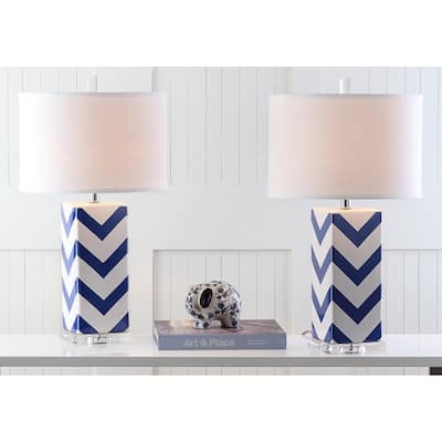 SAFAVIEH Lighting 27-inch Navy Chevron Stripe Table Lamp (Set of 2) - 15"x15"x27"