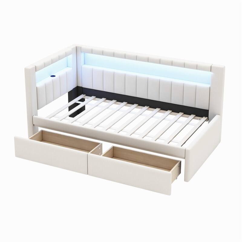 Twin Size Upholstered Platform Bed with USB Ports and LED Belt, 2 Drawers