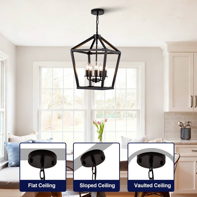Farmhouse Lantern Chandelier 5-Light with Rustic Open Cage and Adjustable Hanging Height
