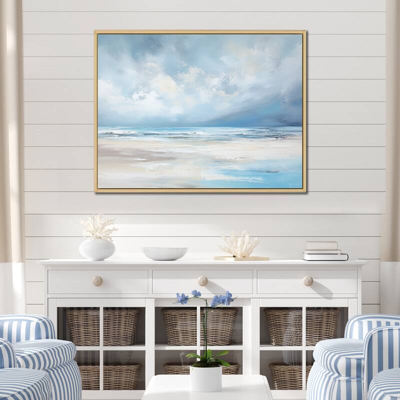 Designart "Coastal Beach Minimal Scenery " Coastal Ocean Framed Wall Art Living Room - 44 in. wide x 34 in. high - Maple
