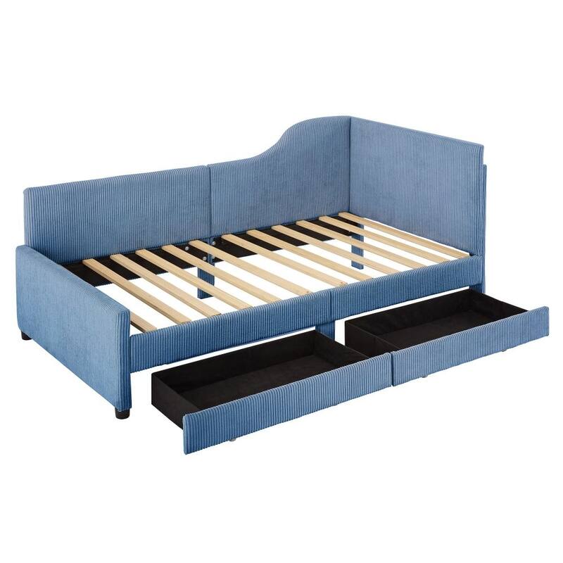 Twin Size L-Shaped Corduroy Daybed,Upholstered Bed Frame with 2 Storage Drawers