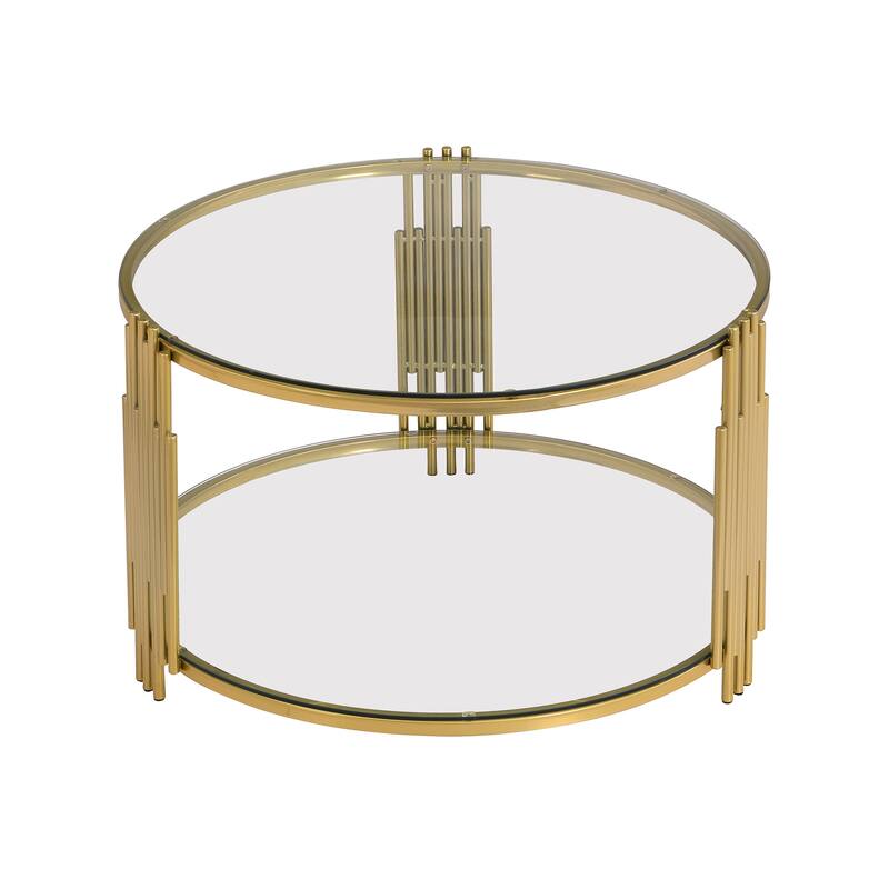 Modern Mirror Coffee Table, Asymmetrical Metal, Circular Metal Drum Base, Gold Finish & Lower Shelf