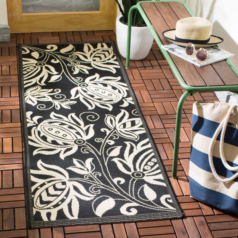 SAFAVIEH Courtyard Leatrice Indoor/ Outdoor Patio Backyard Rug - 2'3" x 12' Runner - Black/Sand