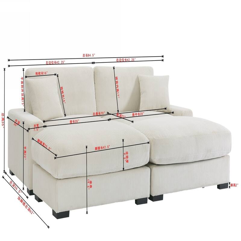 Modular Sectional Sofa, 4 Seater Corduroy Fabric with Ottomans Pillows