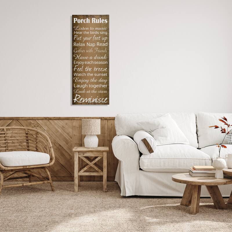 Stupell Porch Rules Country Landscape Wood Textured Word Design,10x24, Proudly Made in USA