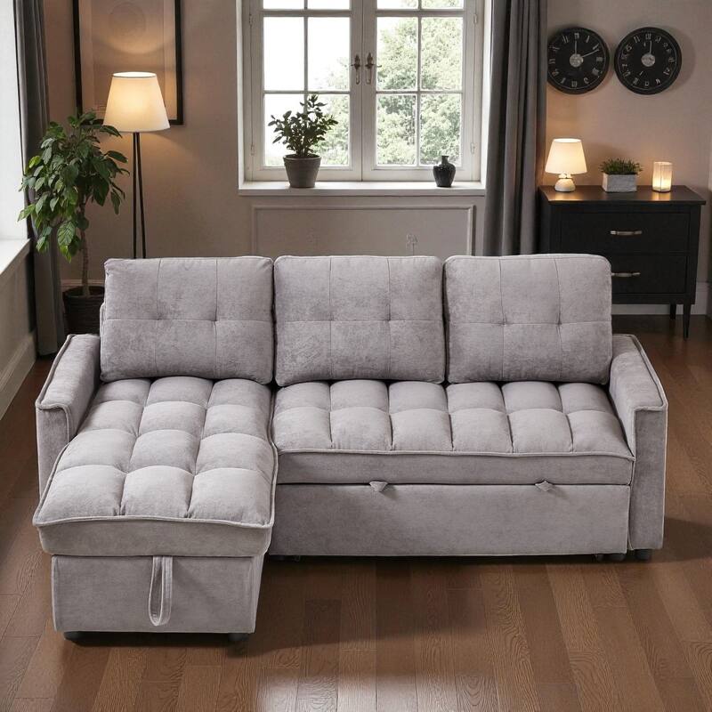 78.75" Chenille Reclining Sectional Sofa with Pull-Out Bed USB Type-C Ports Storage Chaise Modular Convertible Couch - Dark Grey