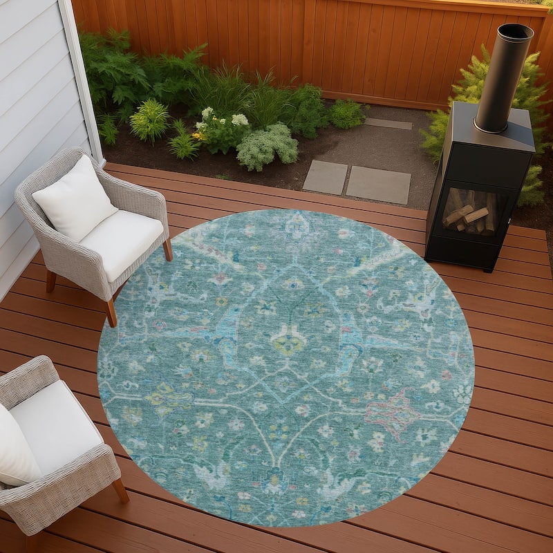 Machine Washable Indoor/ Outdoor Traditional Vintage Chantille Rug - Teal - 8' x 8'