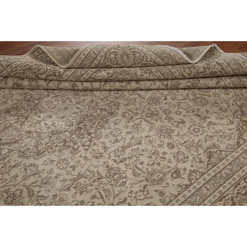 Hand Knotted Oriental 100% Wool Carpet Traditional Floral Beige & Ivories Mashad Area Rug - 12' 4'' X 9' 6''