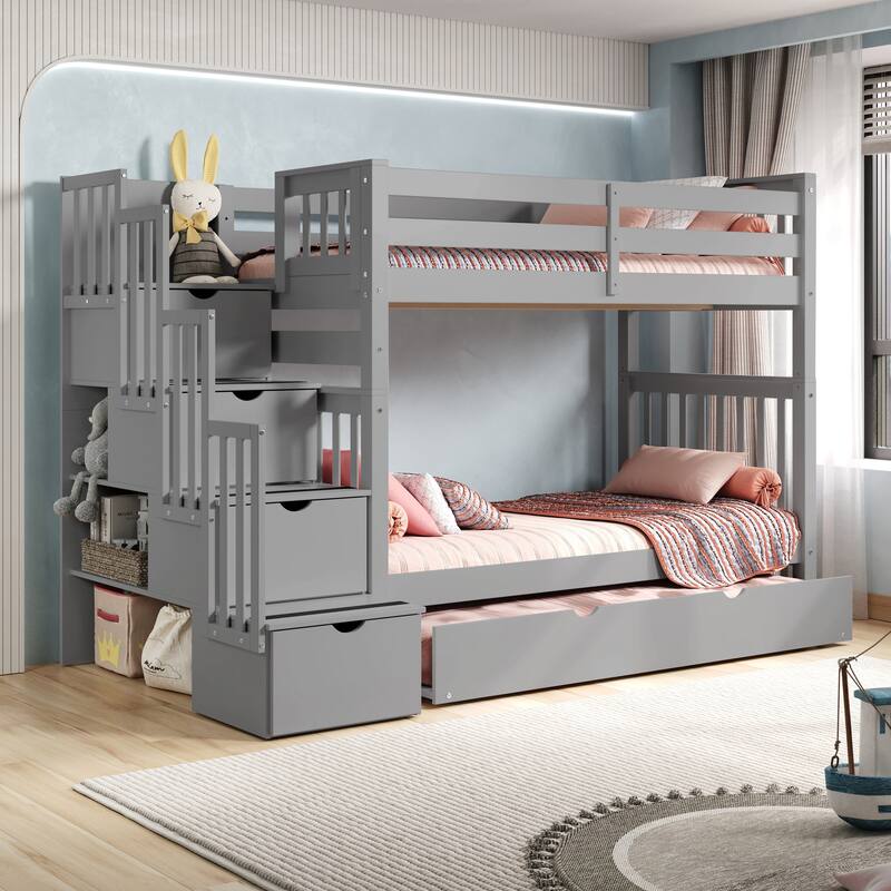 Taylor & Olive Trillium Tall Twin over Twin Stairway Bunk Bed, Trundle - Gray
