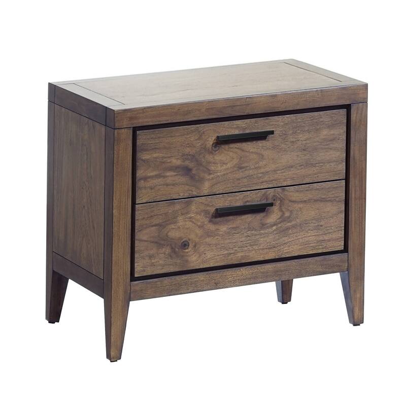 Enzo 28 Inch 2 Drawer Nightstand, Brown Wood, USB Charging, Black Handles