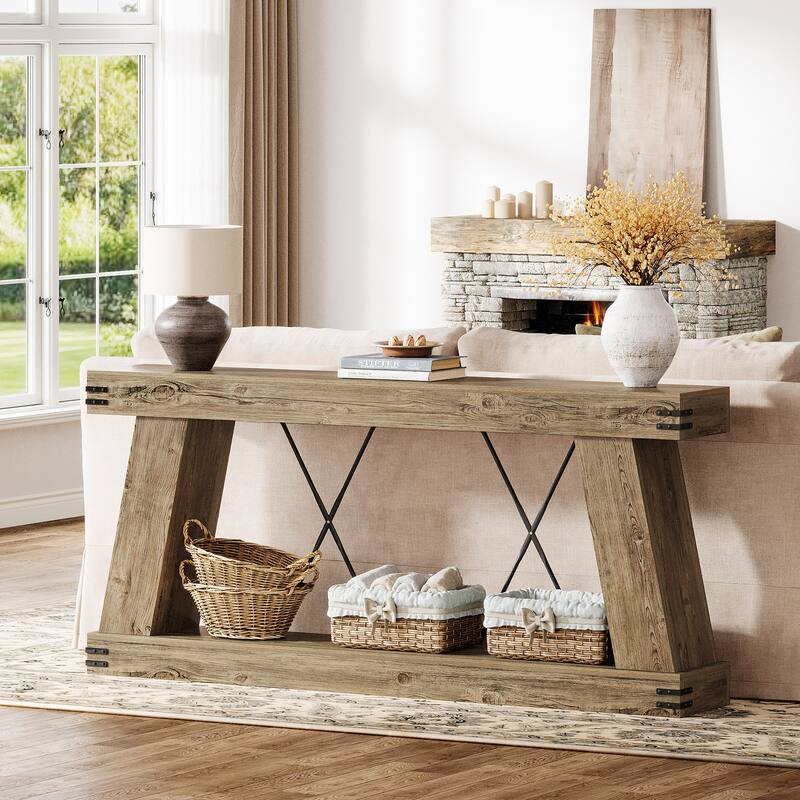 70.9” Farmhouse Console Table, Brown Entryway Table with Storage - Large - Light Brown Oak