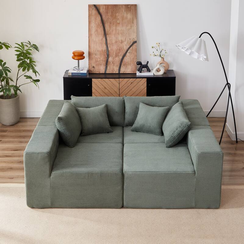 Corduroy Convertible Sectional Cloud Sofa, Foam-Filled Compressed Boneless Sofa, Modular L Shaped Floor 4 Seat Sofa