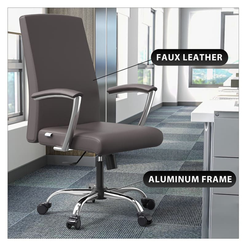 LeisureMod Evander Modern Swivel Office Chair in Faux Leather with Silver Frame