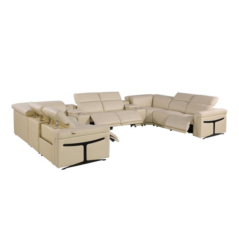 HomeRoots Beige Italian Leather Power Reclining U Shaped Ten Piece Corner Sectional With Console